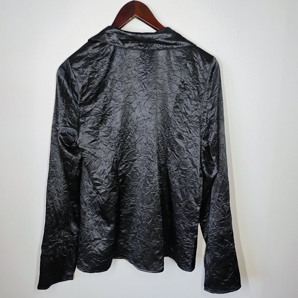 Free People Star Eyes Crinkle Satin Top Womens Medium Black Tie Front Bohemian - Picture 5 of 12